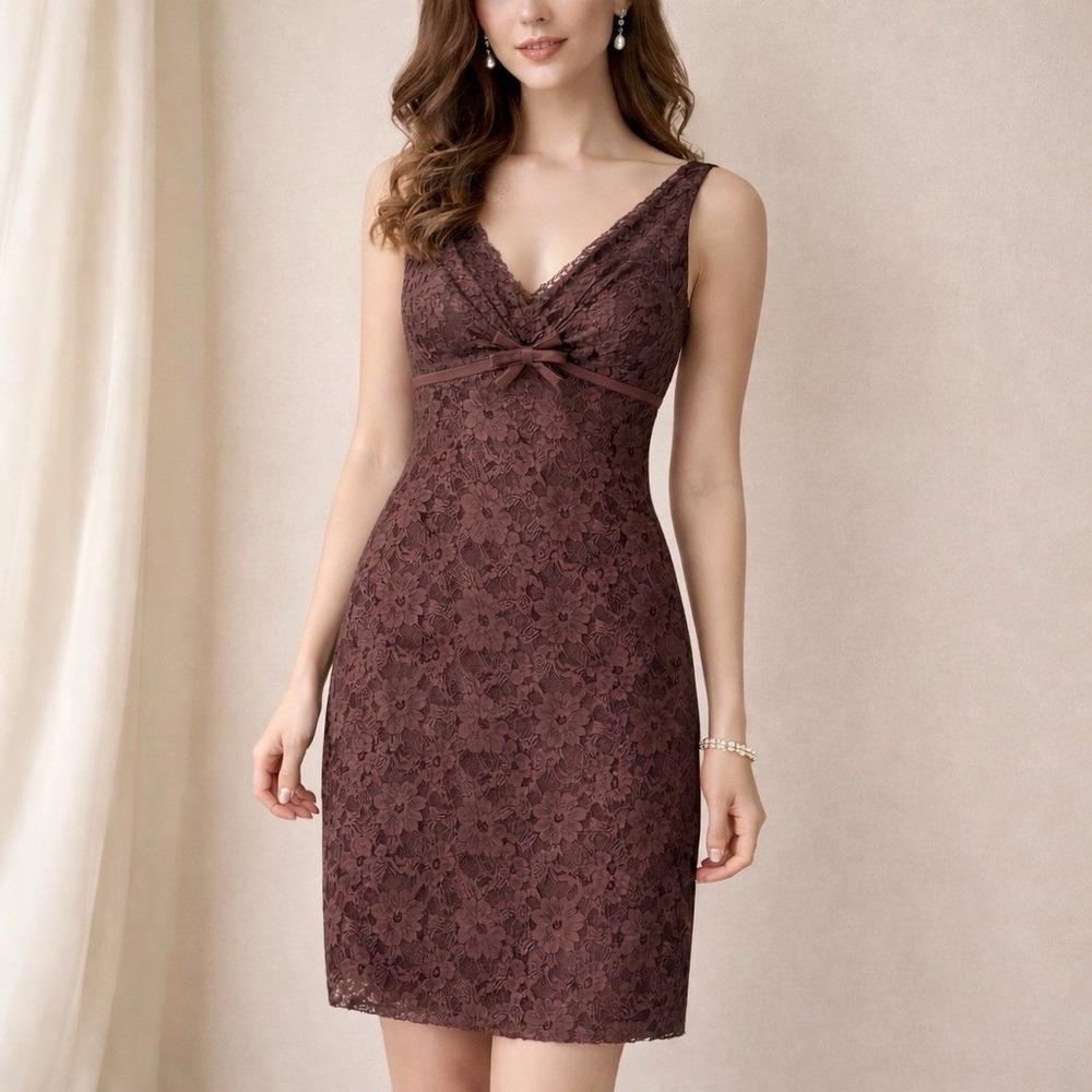 Vintage 50s Mitzi Morgan Neusteters Chocolate Brown Lace Bow Dress Cocktail XS/S
